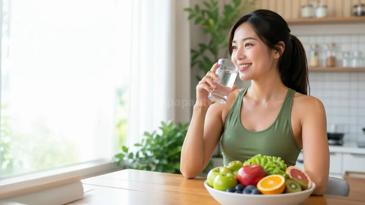 Ilustrasi gaya hidup sehat dengan konsumsi buah, air putih, dan aktivitas ringan untuk pencernaan lancar. (BTV/Ai)