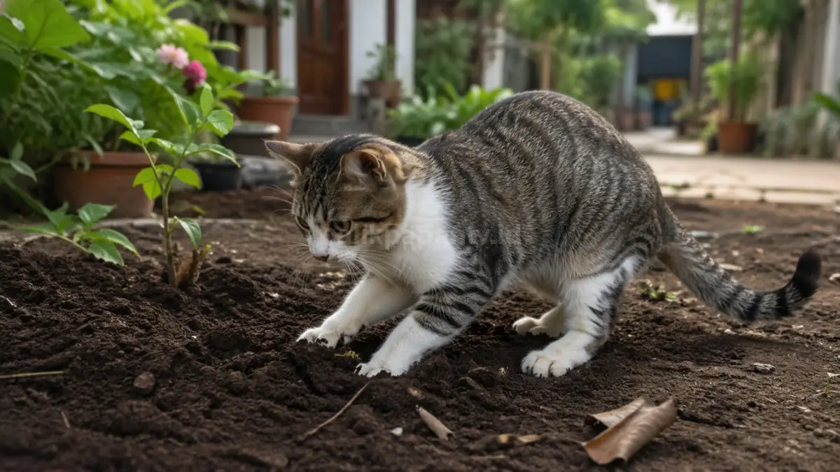Ilustrasi kucing di halaman rumah dengan tanah gembur. (BTV/Ai)