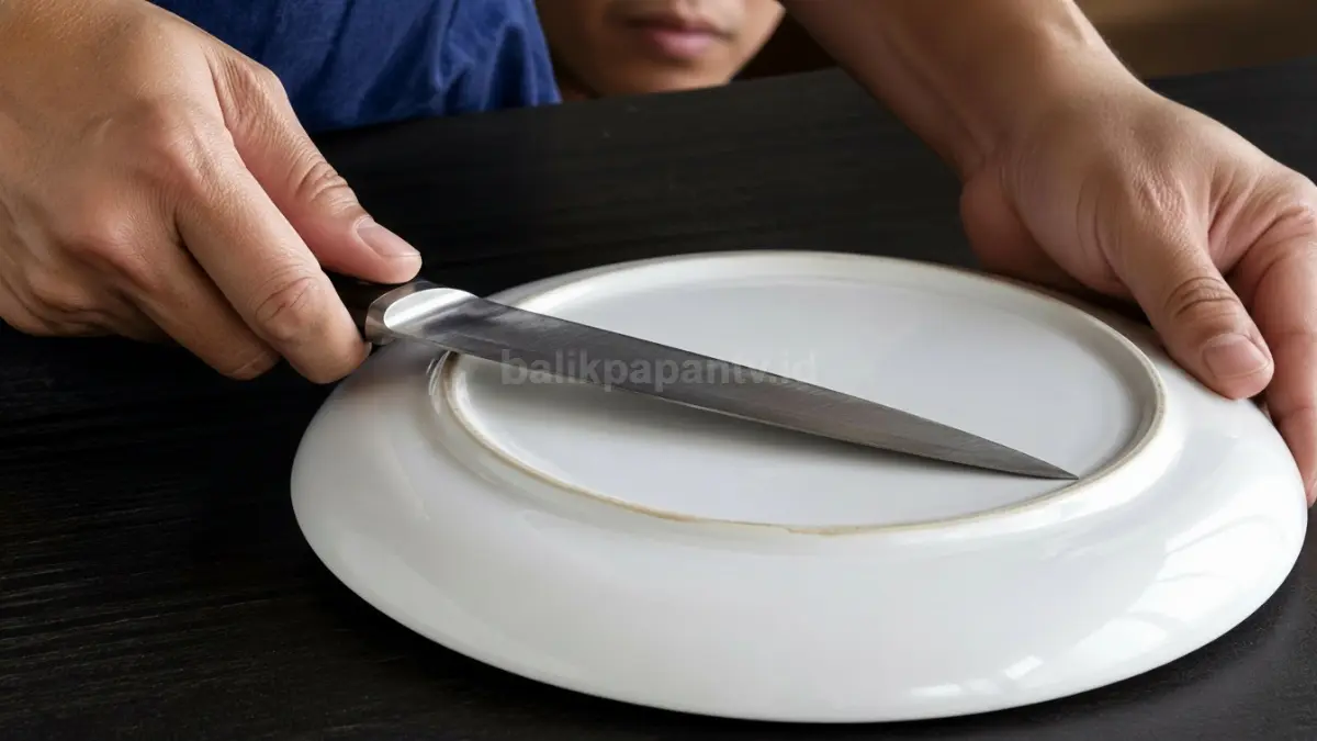 Ilustrasi menajamkan pisau dapur menggunakan bagian bawah piring keramik dengan teknik sederhana. (BTV/Ai)