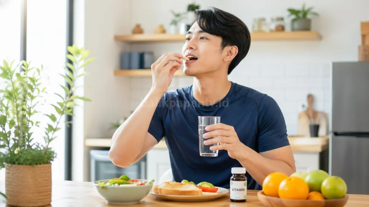 Ilustrasi orang minum vitamin saat sarapan dengan gaya hidup sehat. (BTV/Ai)