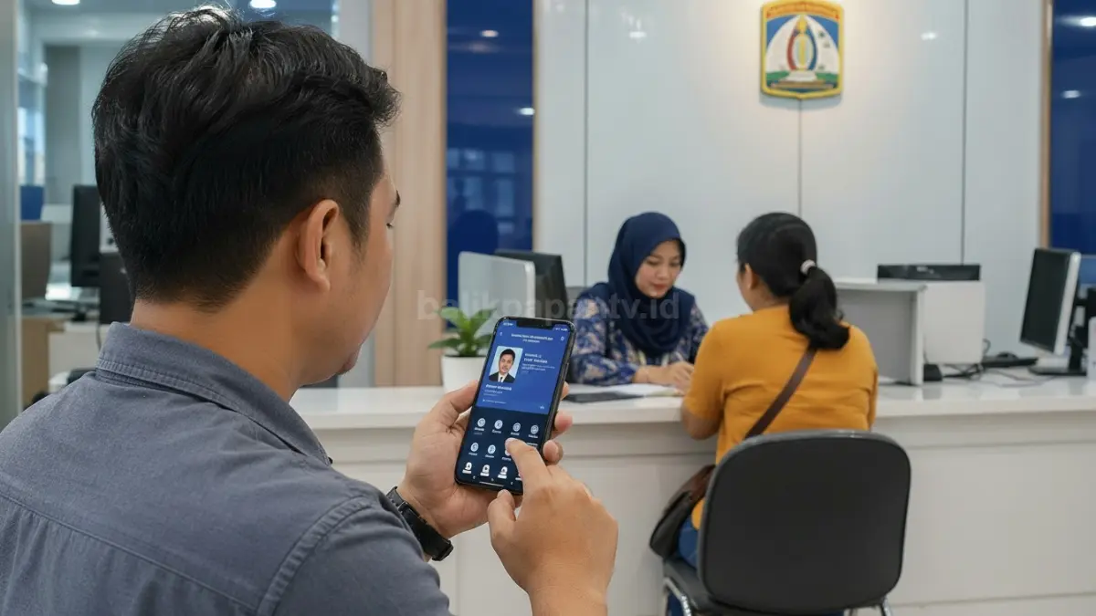 Ilustrasi warga Balikpapan mengakses layanan publik dengan IKD digital di smartphone. (BTV/Ai)