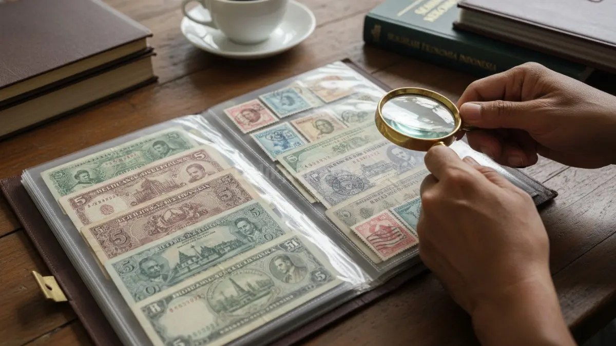 Koleksi uang kertas kuno dan perangko lama tersusun dalam album khusus dengan tampilan rapi, menampilkan detail desain era berbeda yang mencerminkan perjalanan ekonomi dan sejarah suatu negara, sekaligus menggambarkan dunia kolektor yang aktif bertukar pengetahuan dalam komunitas pecinta barang historis. (BTV/Ai)
