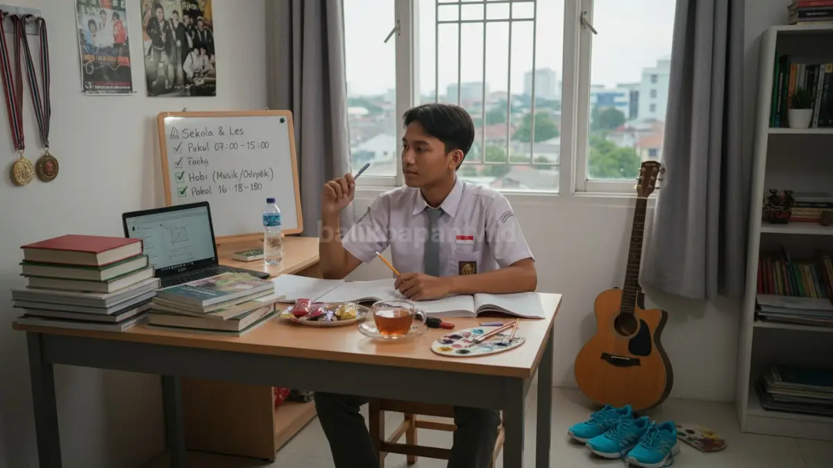 Seorang pelajar di Balikpapan terlihat membagi waktu di meja belajar dengan buku pelajaran di satu sisi dan perlengkapan hobi seperti alat musik atau sepatu olahraga di sisi lain, mencerminkan usaha menyeimbangkan aktivitas akademik dan minat pribadi agar tetap produktif tanpa merasa kelelahan.  (BTV/Ai)
