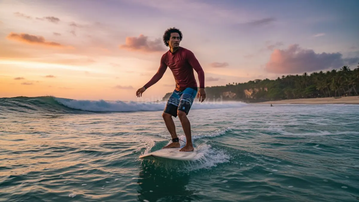 Peselancar berdiri di atas papan sambil mengamati gelombang laut yang datang, dengan fokus pada arah dan bentuk ombak untuk menentukan waktu terbaik melakukan gerakan berdiri, menggambarkan latihan refleks dan pengambilan keputusan cepat di tengah perubahan kondisi air laut. (BTV/Ai)
