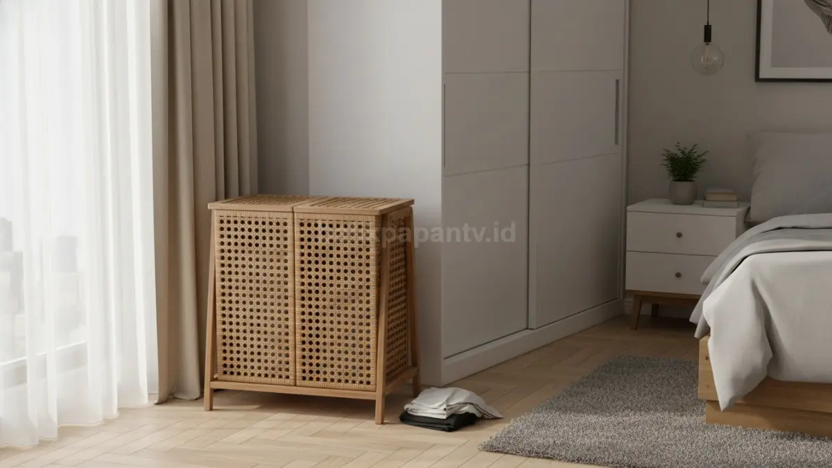Keranjang pakaian minimalis modern dengan desain rapi dan ventilasi (BTV/Ai)