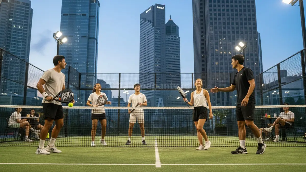 Lapangan padel modern dengan pemain aktif yang menggambarkan gaya hidup olahraga sosial di kota besar 2026 (BTV/Ai)

 
