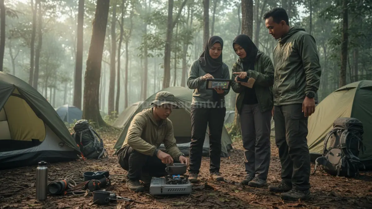 Sekelompok anggota komunitas pecinta alam di area camping hutan Balikpapan sedang praktik survival dasar, terlihat mendirikan tenda, menyalakan kompor portable, dan berdiskusi membaca kondisi cuaca, mencerminkan suasana belajar langsung yang aplikatif dan berguna untuk menghadapi situasi darurat di alam terbuka.  (BTV/Ai)
