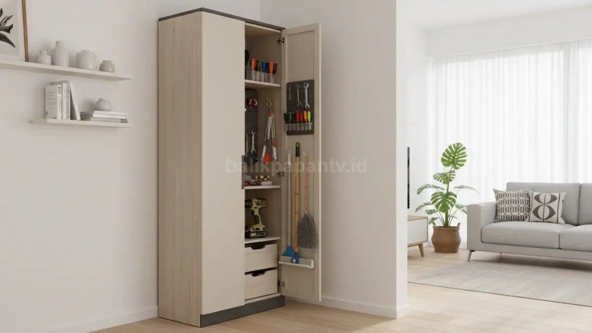 Lemari alat minimalis modern dengan desain ramping di sudut rumah (BTV/Ai)