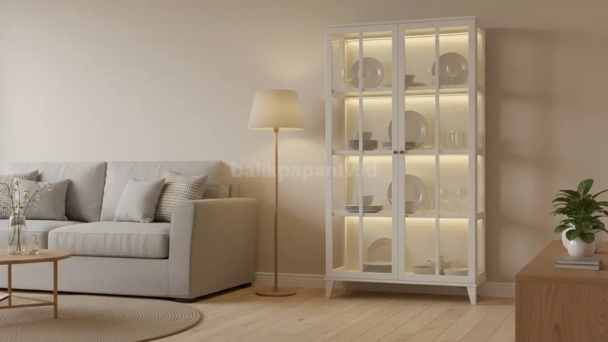  Lemari Kaca Frame Kayu Tipis dengan Panel Simetris (BTV/Ai)