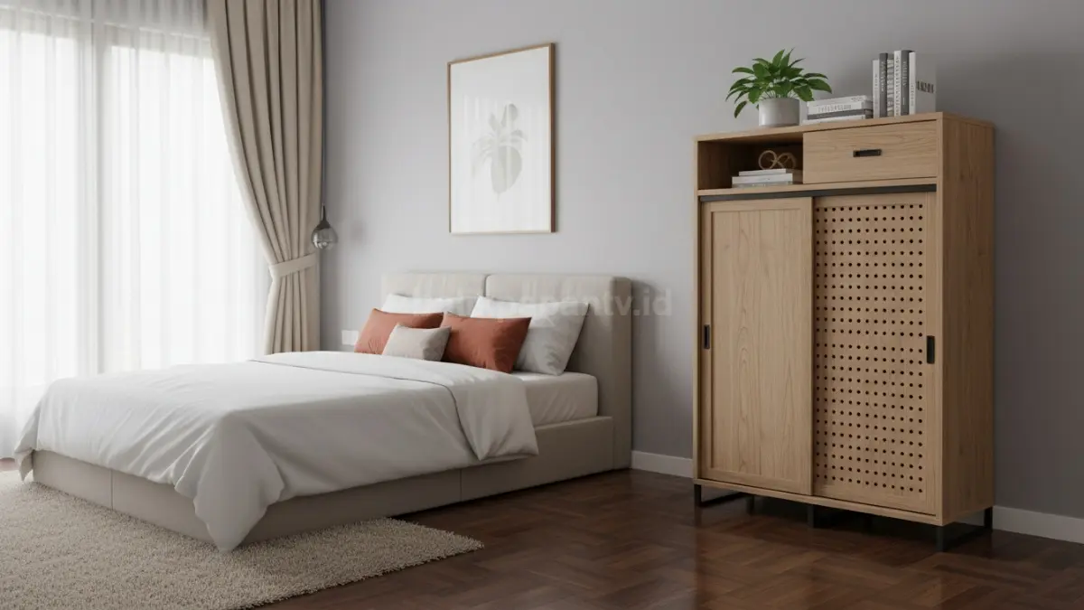 Lemari sepatu minimalis modern di kamar tidur dengan desain rapi dan hemat ruang (BTV/Ai)