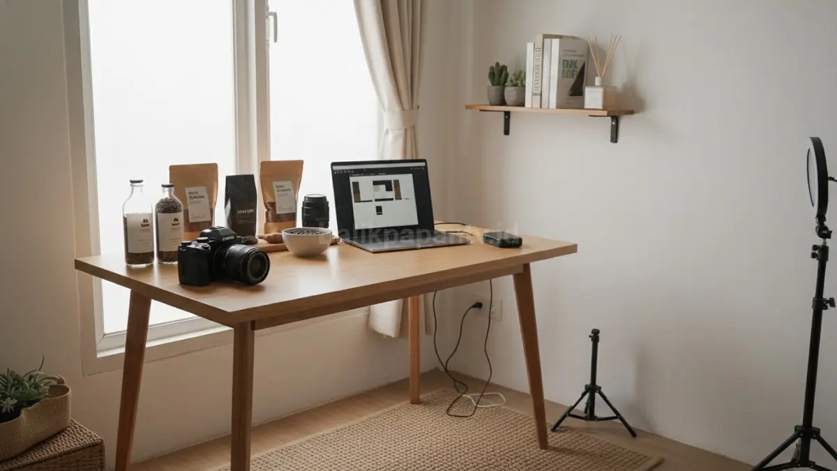 Meja properti foto minimalis dengan setup lighting alami di ruang kecil (BTV/Ai)