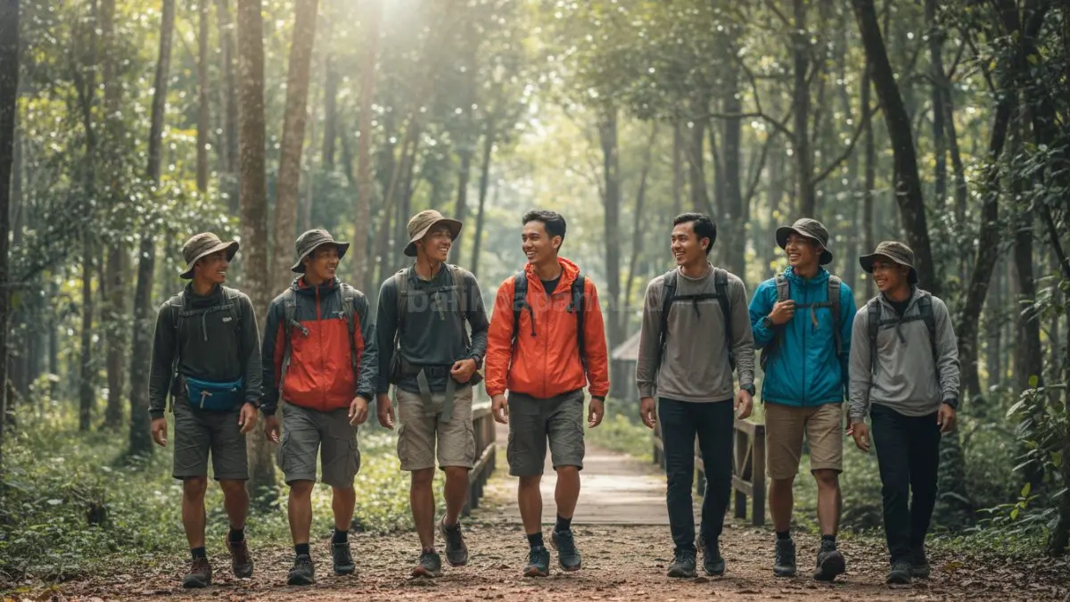Sekelompok anggota komunitas pecinta alam di Balikpapan berjalan santai menyusuri hutan kota, mengenakan perlengkapan hiking ringan sambil tertawa dan berbincang, menggambarkan aktivitas sederhana yang memberi manfaat kesehatan fisik sekaligus membantu melepas stres dari rutinitas kerja di perkotaan.  (BTV/Ai)
