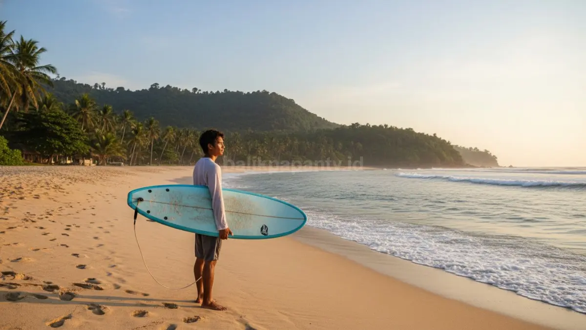 Peselancar di pantai Indonesia menunggu ombak sambil mempersiapkan papan surfing di pagi hari, menggambarkan gaya hidup aktif modern yang seimbang antara kerja dan kesehatan fisik serta mental. (BTV/Ai)
