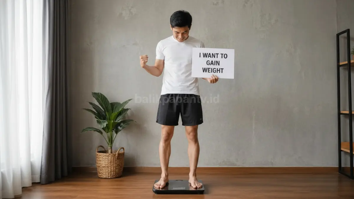 Pria berdiri di timbangan menunjukkan keinginan untuk menaikkan berat badan. (BTV/Ai)