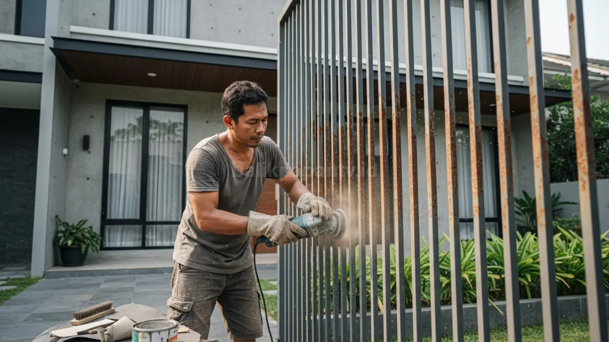 Proses mengamplas karat di pagar besi
