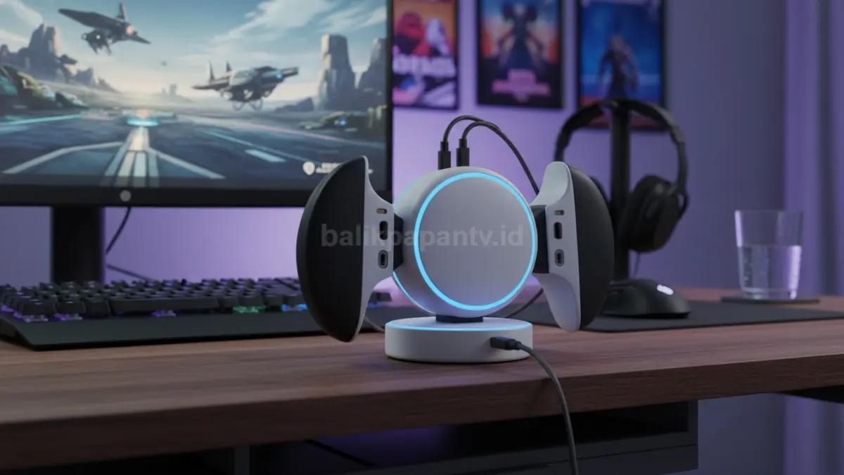 Puck Steam Controller sebagai receiver dan charger magnetik di meja gaming (BTV/Ai)