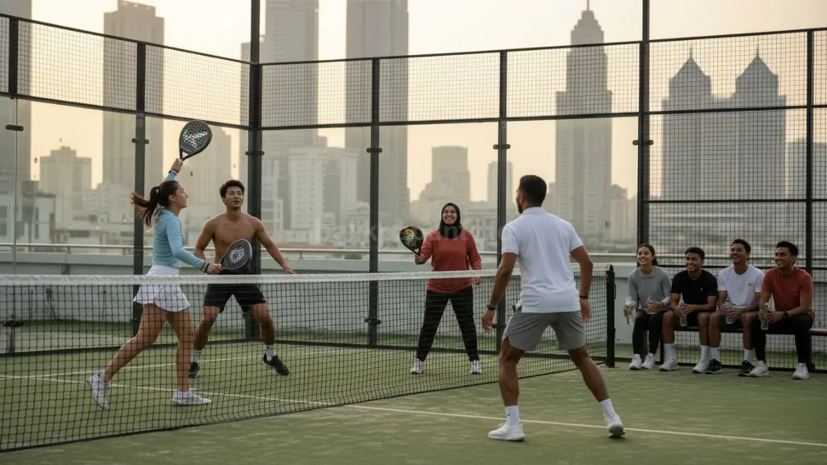 Komunitas hobi padel di lapangan modern kota besar yang menunjukkan aktivitas olahraga raket berpasangan sebagai bagian gaya hidup aktif masyarakat urban. Suasana interaksi sosial antar pemain menggambarkan olahraga sebagai ruang kebugaran sekaligus koneksi sosial di Jakarta dan Surabaya. Fokus visual pada dinamika permainan, koordinasi tubuh, dan energi aktivitas fisik yang konsisten di tengah kehidupan kota modern. (BTV/Ai)

