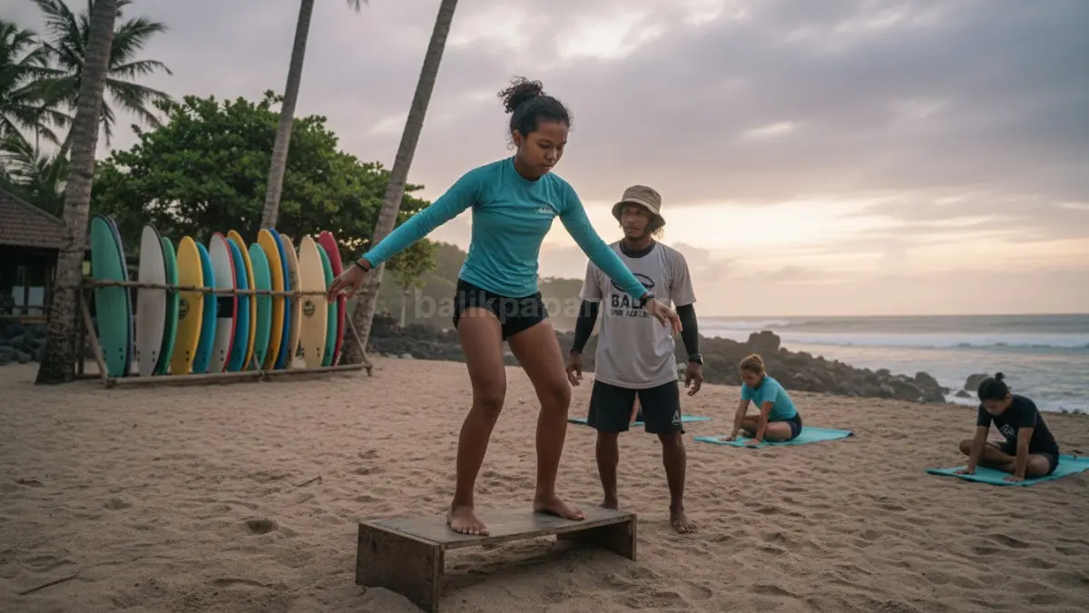 Seorang pemula berdiri di atas papan simulasi di area latihan pantai, dengan fokus menjaga stabilitas tubuh sambil melatih otot inti dan koordinasi gerakan sebelum masuk ke laut, menggambarkan persiapan dasar dalam belajar surfing secara aman dan terstruktur. (BTV/Ai)
