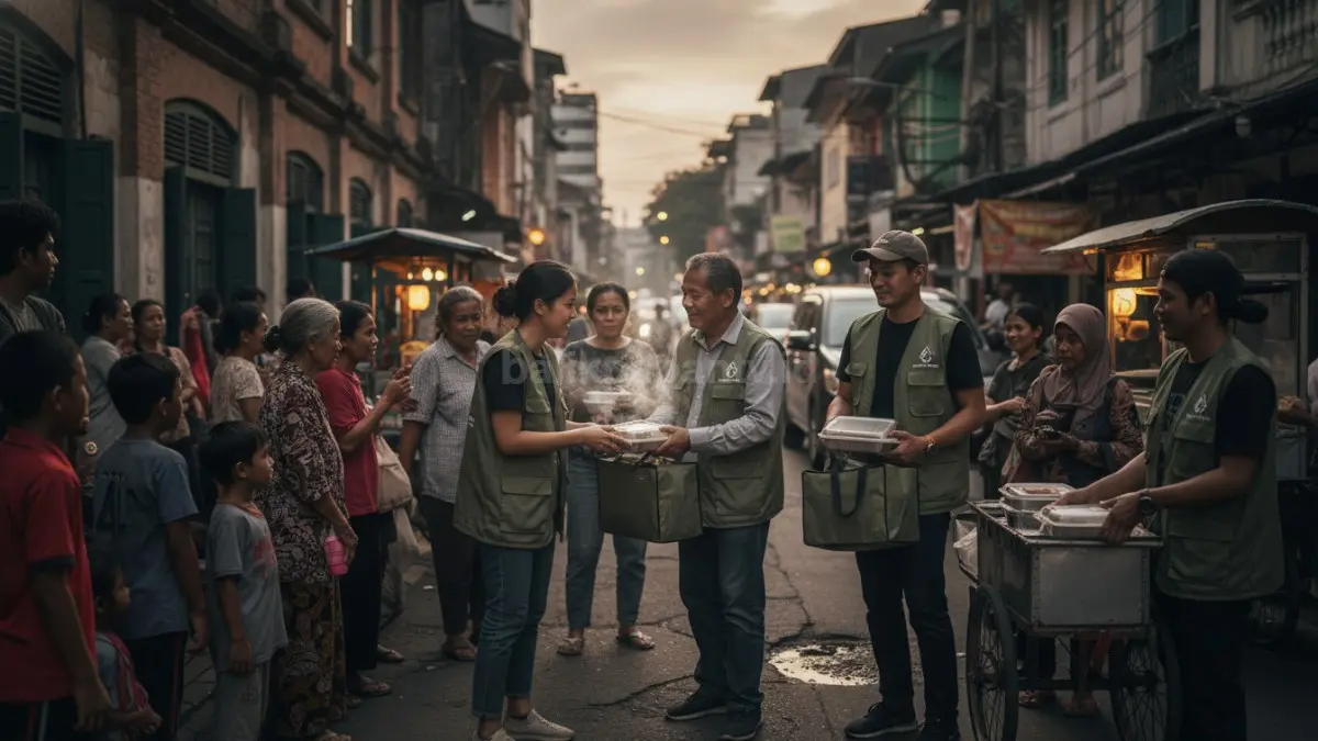 Relawan membagikan makanan kepada masyarakat di jalanan kota dengan suasana hangat  (BTV/Ai)
