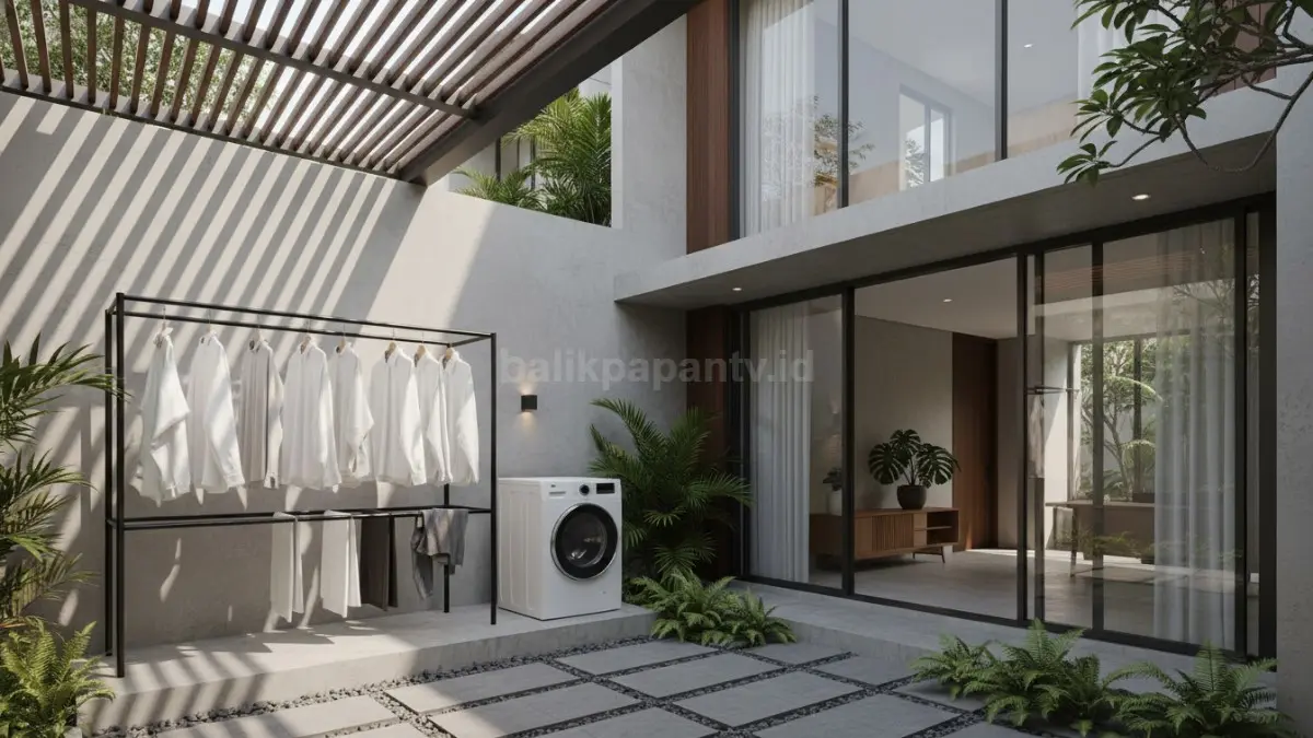 Ruang cuci outdoor minimalis dengan mesin cuci dan jemuran rapi
