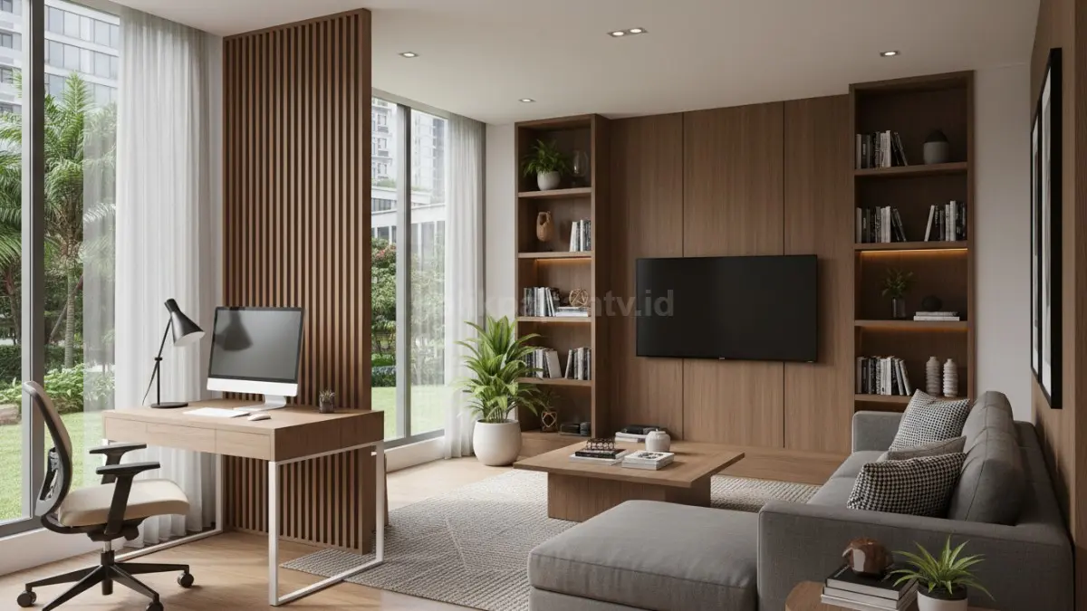 Ruang TV modern menyatu dengan area kerja minimalis yang rapi
