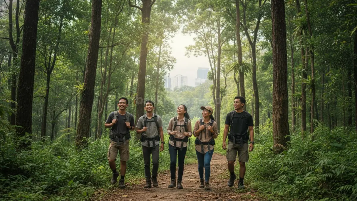 Sekelompok anak muda Balikpapan hiking bersama di hutan kota dengan suasana alami