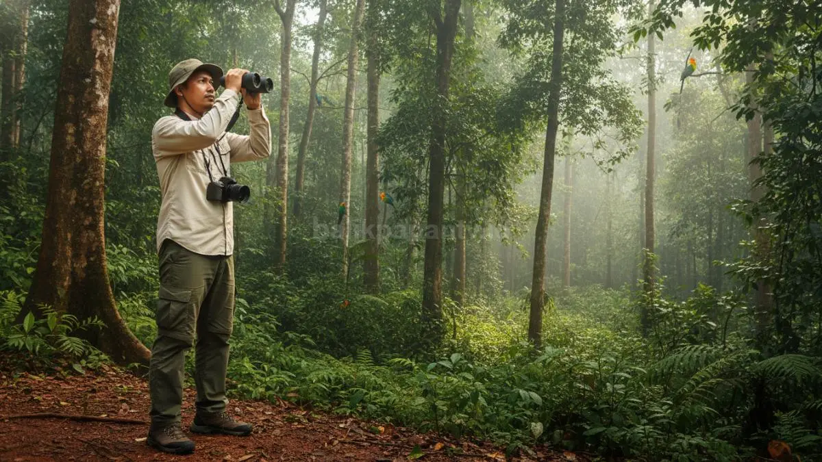 Seorang pengamat burung berdiri di tepi hutan tropis dengan teropong di tangan, fokus mengamati burung liar di pepohonan, menghadirkan suasana eksplorasi alam yang tenang sekaligus menggambarkan kekayaan keanekaragaman hayati Indonesia. (BTV/Ai)
