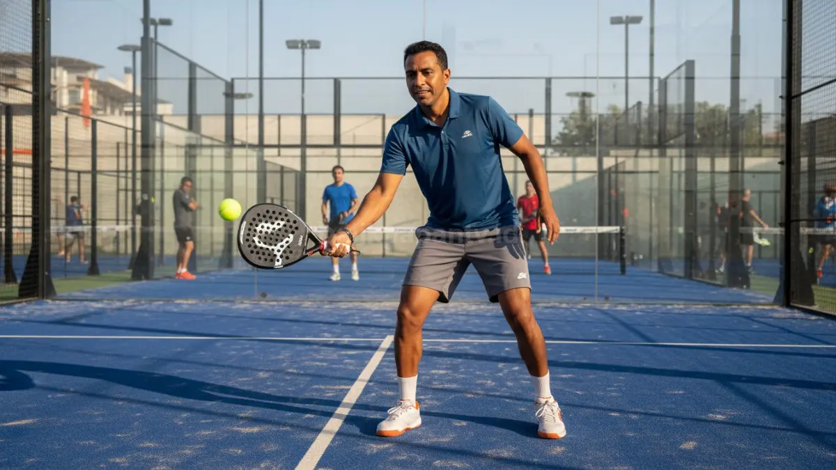 Pemain hobi padel dalam sesi latihan yang menampilkan adaptasi ritme permainan cepat dan responsif di lapangan modern. Visual memperlihatkan gerakan refleks saat menerima bola dengan posisi tubuh siap bergerak dan fokus pada koordinasi mata dan tangan. Suasana menggambarkan tempo permainan yang dinamis namun tetap terkontrol, dengan penekanan pada latihan ringan dan konsisten untuk membangun ketepatan serta stabilitas permainan. (BTV/Ai)
