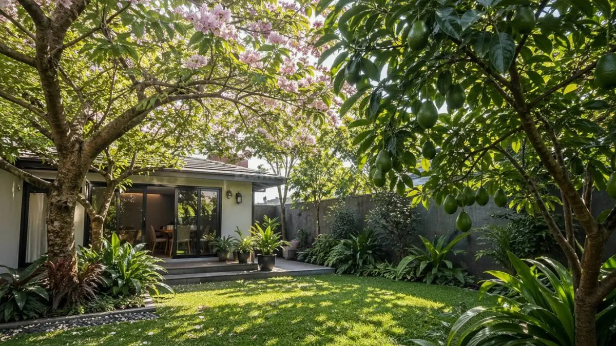 Taman rumah tropis dengan pohon rindang dan buah premium yang memberi kesan adem dan bernilai. (BTV/Ai)