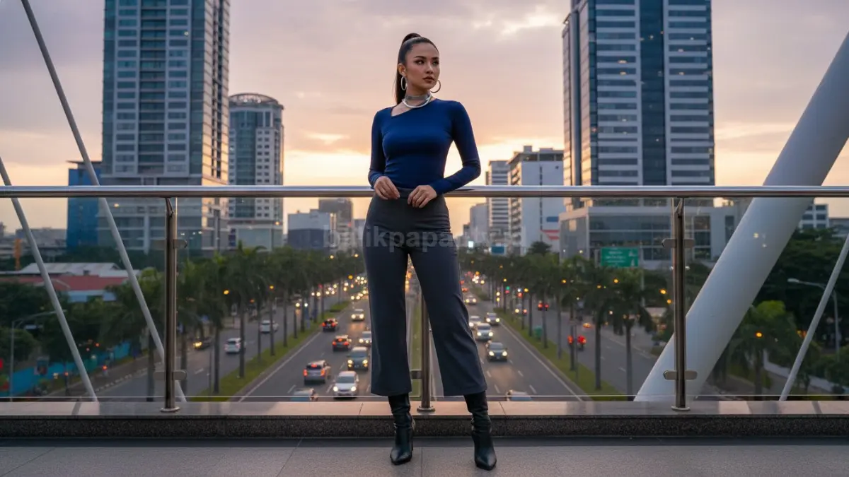 Tampilan outfit press body modern dengan siluet rapi dan stylish di suasana urban Balikpapan