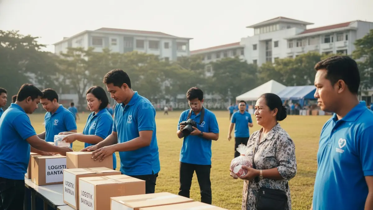 Tim relawan di Balikpapan terlihat sibuk mengatur jalannya acara amal, sebagian mengelola logistik, ada yang berkomunikasi dengan peserta, dan lainnya mendokumentasikan kegiatan, mencerminkan kerja tim yang terkoordinasi serta pengalaman langsung dalam mengelola kegiatan sosial secara profesional.  (BTV/Ai)
