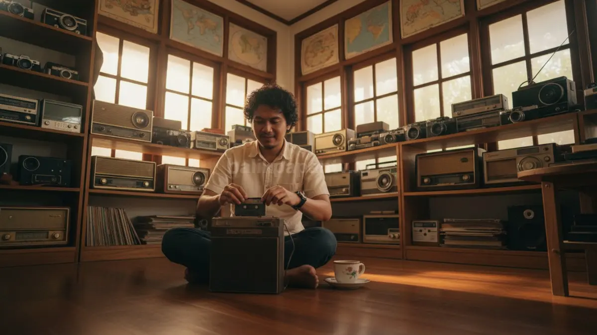 Seorang kolektor muda duduk di ruang bergaya vintage sambil memutar kaset pita di pemutar lama, dikelilingi rak berisi barang jadul seperti radio dan kamera analog, menciptakan suasana hangat yang menggambarkan hubungan emosional, nilai sejarah, dan inspirasi hidup dari setiap benda yang dikoleksi. (BTV/Ai)
 