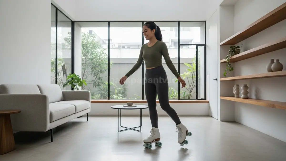 Aktivitas sepatu roda di dalam rumah dengan ruang minimalis

