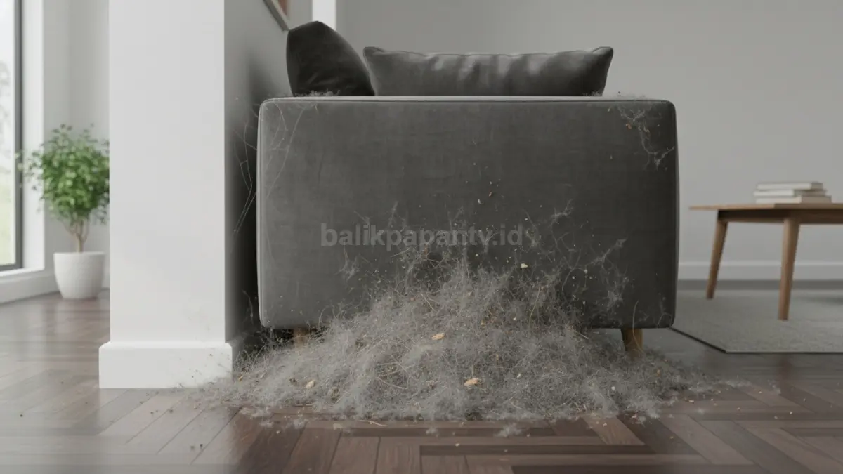 Debu menumpuk di sudut belakang sofa yang jarang dibersihkan
