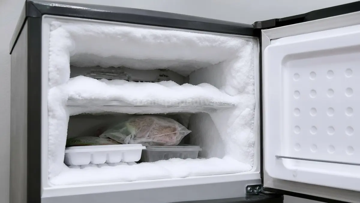 Kondisi kulkas 1 pintu dengan bunga es menumpuk di freezer. (BTV/Ai)