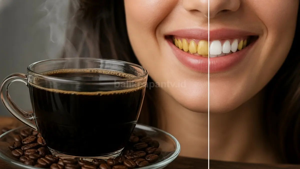 Secangkir kopi hitam dengan latar senyum gigi, menggambarkan dampak kopi pada warna gigi. (BTV/Ai)