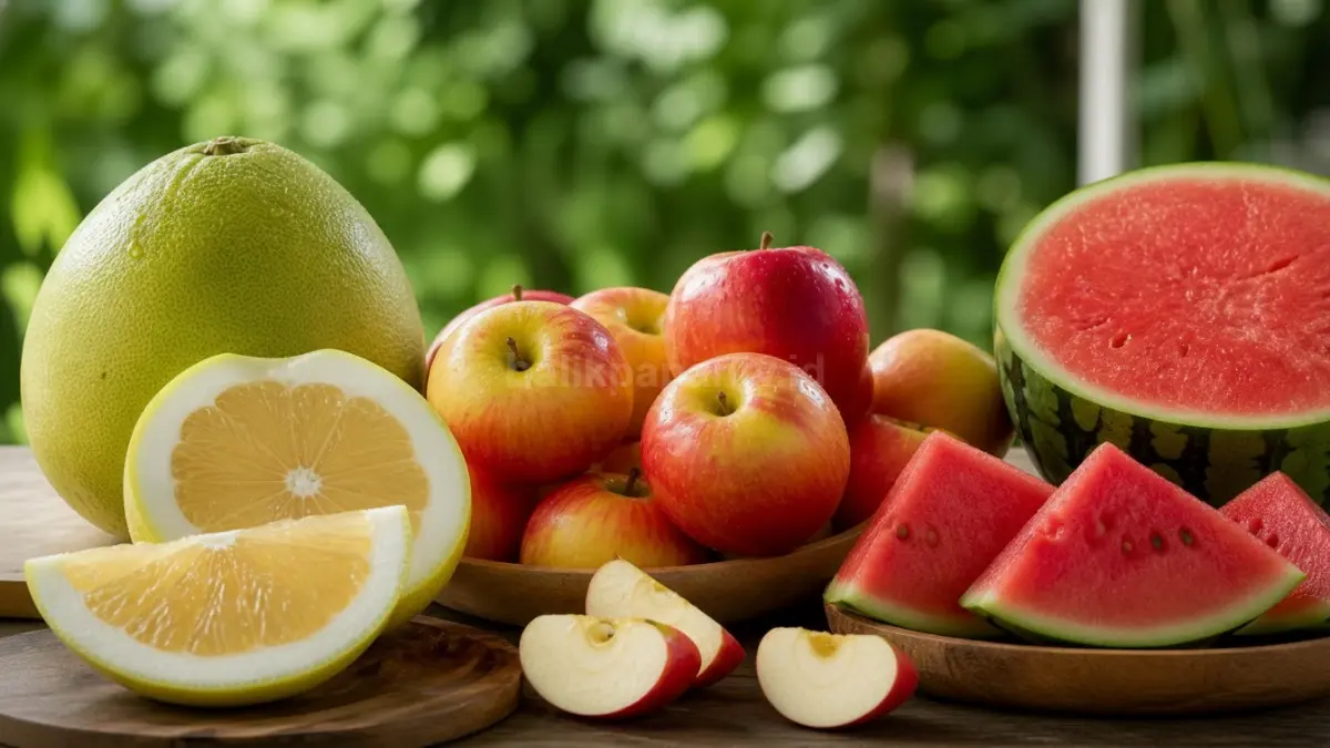 Susunan buah diet seperti apel, jeruk Bali, dan semangka segar untuk pola makan sehat. (BTV/Ai)