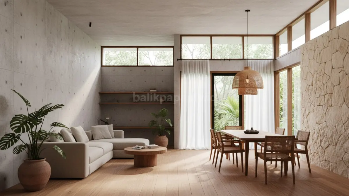 Interior rumah minimalis menampilkan material alami seperti kayu, batu, dan beton ekspos yang dibiarkan dengan tampilan aslinya. Permukaan kayu terlihat bertekstur hangat, sementara dinding beton memberi kesan kokoh dan jujur tanpa lapisan tambahan. Elemen batu alam memperkuat karakter ruang tanpa perlu dekorasi berlebih. Cahaya alami mempertegas detail material, menciptakan suasana sederhana, kuat, dan tahan lama.  (BTV/Ai)
