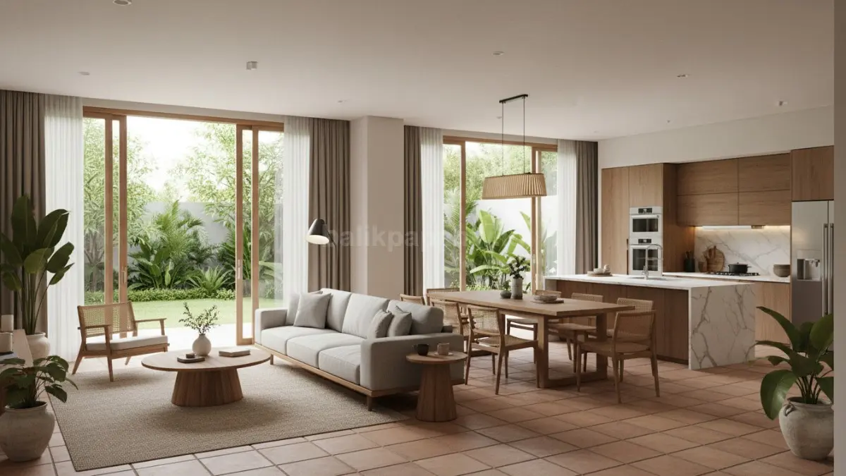 Interior hunian modern dengan konsep ruang terbuka yang menggabungkan ruang tamu, ruang makan, dan dapur dalam satu area tanpa sekat. Tata letak terlihat menyatu dengan furnitur yang tertata rapi sebagai pembatas visual. Cahaya alami masuk dari jendela besar, menciptakan suasana luas, fleksibel, dan mendukung interaksi antar penghuni dalam satu ruang yang terhubung.  (BTV/Ai)
