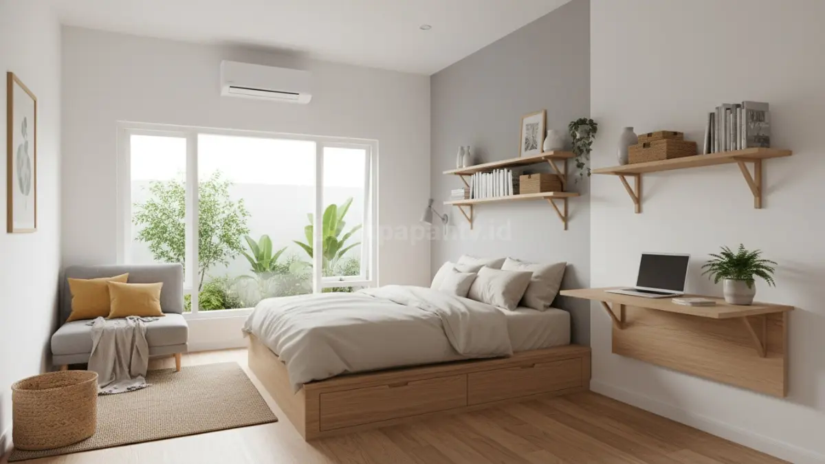 Ruang minimalis dengan furnitur multifungsi seperti tempat tidur berlaci dan meja lipat di dinding. Tata letak rapi membuat ruangan kecil terasa lebih lega dan efisien. Setiap elemen digunakan secara optimal, mendukung aktivitas harian tanpa membuat ruang terlihat penuh atau sempit.  (BTV/Ai)
