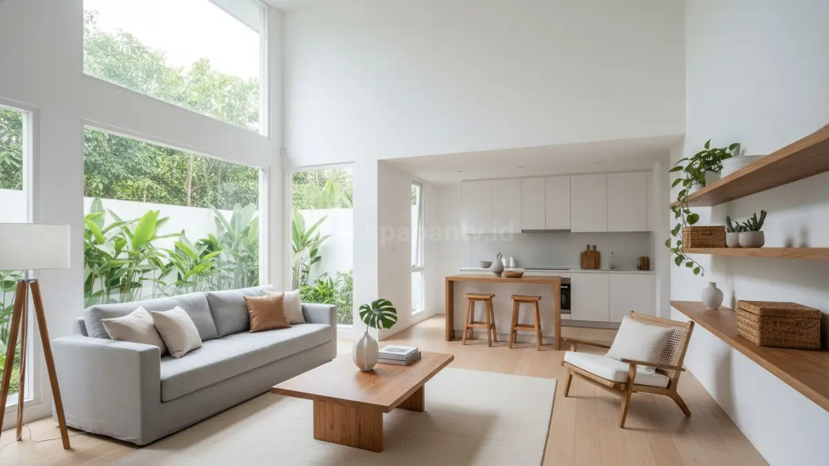 Interior rumah minimalis estetik dengan dinding warna terang, furnitur sederhana, dan pencahayaan alami dari jendela besar. Setiap elemen terlihat fungsional tanpa dekorasi berlebihan, menciptakan suasana ruang yang luas, rapi, dan nyaman. Tampilan bersih ini mencerminkan konsep hunian yang fokus pada kejelasan ruang dan kemudahan perawatan sehari-hari.  (BTV/Ai)
