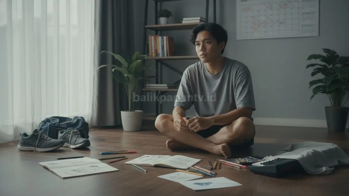 Seseorang duduk dengan peralatan hobi seperti buku gambar dan sepatu olahraga yang mulai berdebu di sudut ruangan, menggambarkan hobi yang perlahan ditinggalkan karena jadwal padat dan tidak teratur. Ekspresi wajah terlihat ragu dan kehilangan fokus, memperkuat pesan bahwa tanpa pola dan konsistensi, semangat awal mudah memudar.  (BTV/Ai)
