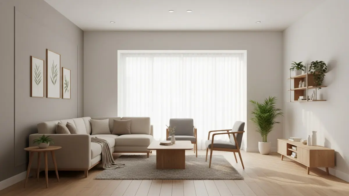 Ruang interior minimalis menampilkan dominasi warna putih, abu terang, dan beige yang lembut. Sentuhan aksen hangat dari elemen kayu pada meja, lantai, atau rak memberi nuansa lebih hidup tanpa membuat ruang terasa penuh. Cahaya alami masuk melalui jendela, memantul pada dinding berwarna netral dan menyebar merata ke seluruh ruangan. Suasana terlihat hangat, terang, dan nyaman, dengan keseimbangan antara kesederhanaan dan karakter alami.  (BTV/Ai)
