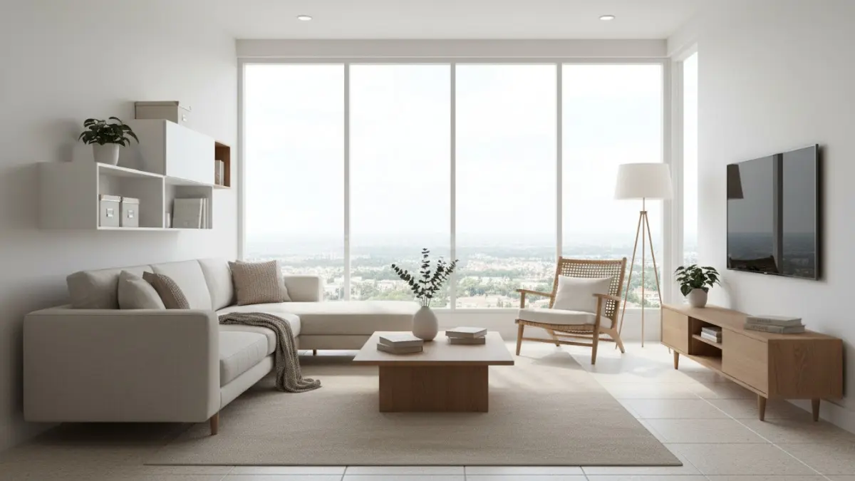Sebuah ruang keluarga modern bergaya minimalis tampak terang dengan dominasi warna netral seperti putih dan beige. Cahaya alami masuk dari jendela besar, membuat ruangan terasa luas meski ukuran terbatas. Furnitur yang digunakan sederhana dan fungsional, tanpa dekorasi berlebihan. Suasana terlihat rapi, nyaman, dan hidup, mencerminkan gaya hunian masa kini yang menyesuaikan kebutuhan aktivitas harian.  (BTV/Ai)
