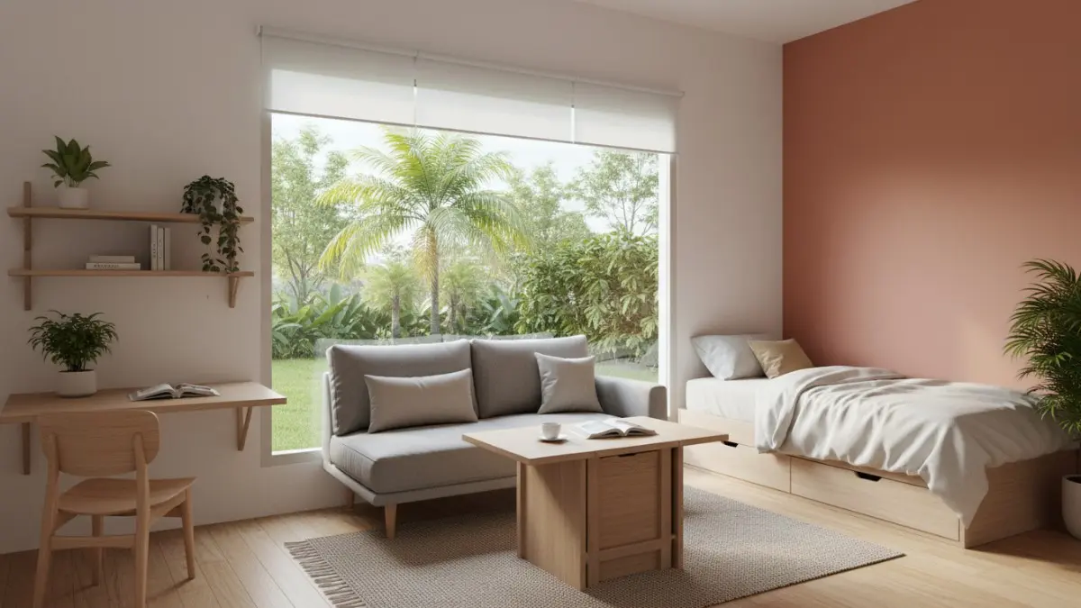 Ruang hunian minimalis menampilkan furnitur dengan desain sederhana dan garis bersih, seperti sofa ringkas, meja lipat, dan tempat tidur dengan laci penyimpanan. Setiap elemen terlihat fungsional tanpa detail berlebihan, menciptakan tampilan rapi dan terorganisir. Penataan yang efisien membuat ruangan terasa lebih luas, meski ukuran terbatas, sekaligus mendukung aktivitas sehari-hari dengan praktis.  (BTV/Ai)
