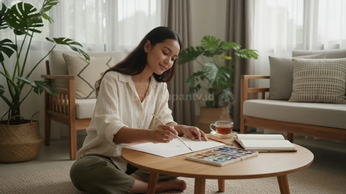 seseorang sedang menjalani hobi dengan ekspresi santai dan fokus, tanpa tekanan untuk hasil akhir. Terlihat aktivitas seperti melukis atau menulis yang dilakukan perlahan sambil menikmati setiap langkah prosesnya. Tidak ada target atau hasil yang ditonjolkan, hanya momen menikmati aktivitas itu sendiri. Suasana ruangan hangat dan nyaman, memperkuat pesan bahwa hobi seharusnya memberi rasa tenang dan seimbang, bukan beban atau ajang kompetisi.  (BTV/Ai)

