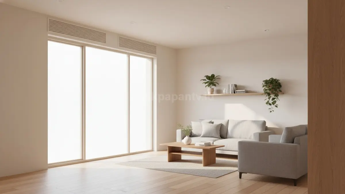Ruang interior minimalis dengan jendela besar yang membiarkan cahaya alami masuk secara maksimal. Sinar matahari menyebar lembut ke seluruh ruangan, memantul pada dinding berwarna terang dan lantai sederhana. Ventilasi yang tertata baik membuat udara terasa segar dan ruang terlihat hidup. Tanpa banyak elemen tambahan, suasana tetap hangat, terang, dan nyaman, menegaskan bahwa keindahan hadir dari kesederhanaan yang fungsional.  (BTV/Ai)
