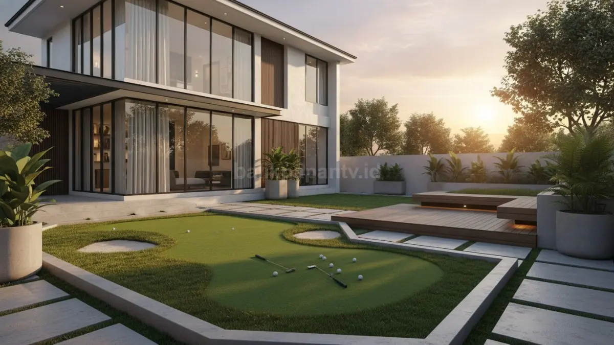 Area golf mini di halaman belakang rumah minimalis dengan rumput sintetis
