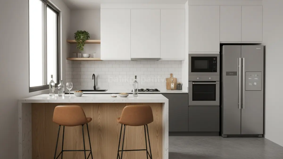 Bar mini menyatu dengan kitchen set di dapur kecil
