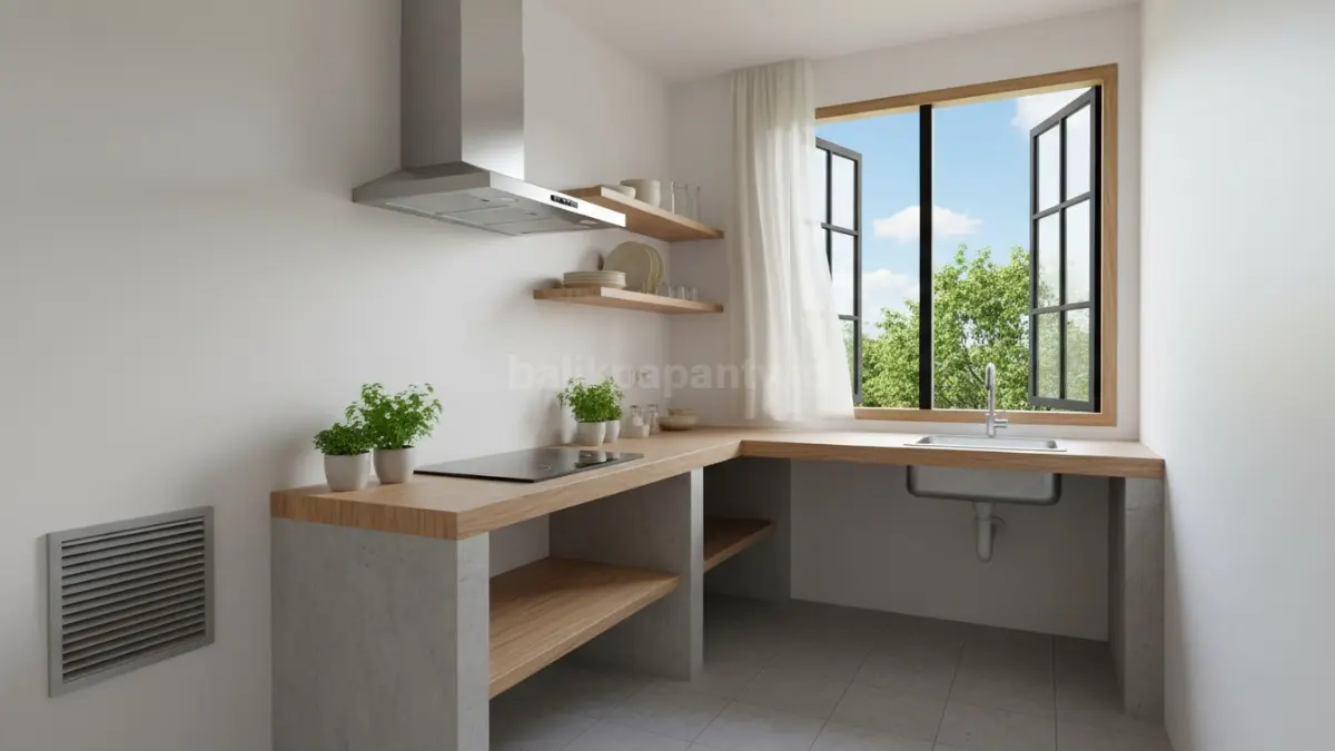 Contoh dapur kecil dengan ventilasi udara baik dan jendela terbuka
